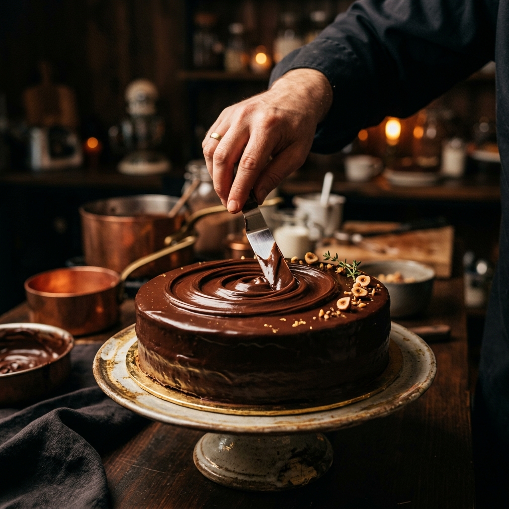 Pastry chef hand-decorating a custom cake at Vanilla Bake House